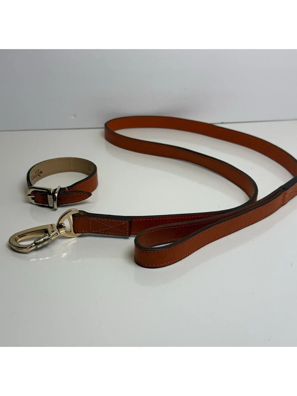 Brown Leather Hartman & Rose Small Dog Leash Collar Set Leather Orange 10/26